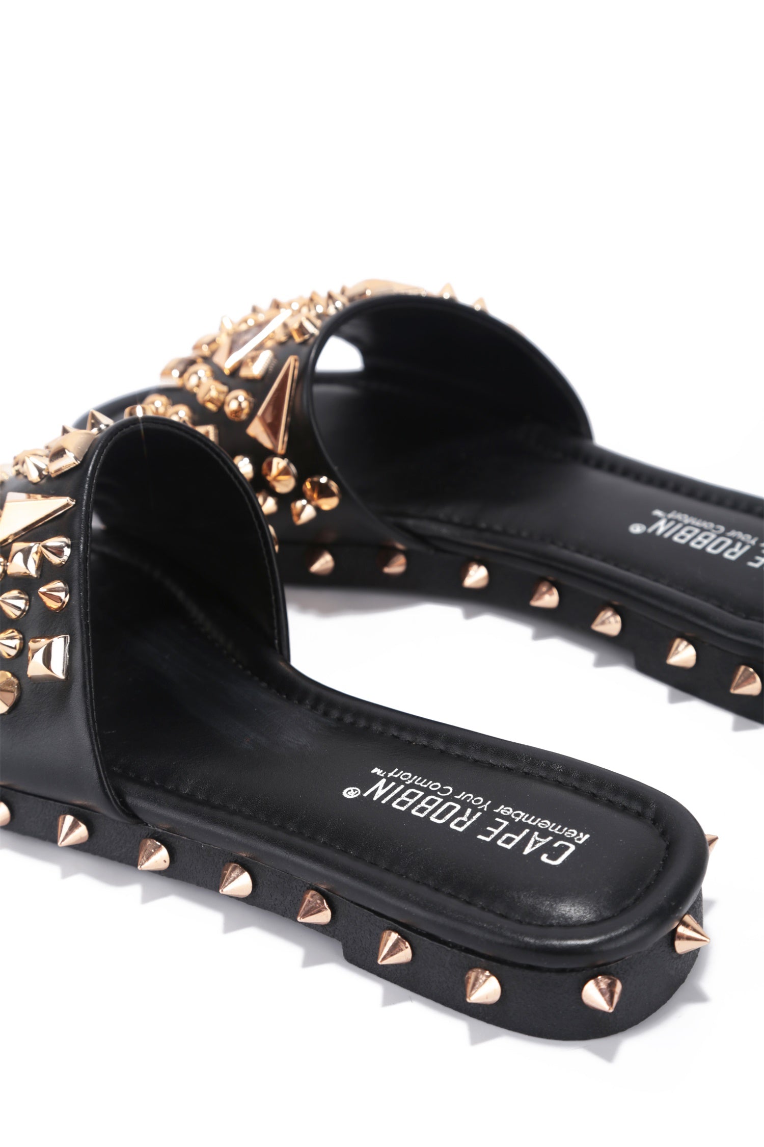 Tonie Gold Spike Studded Slide Sandals - Open Toe Slip On Sandals - Black - Cape Robbin
