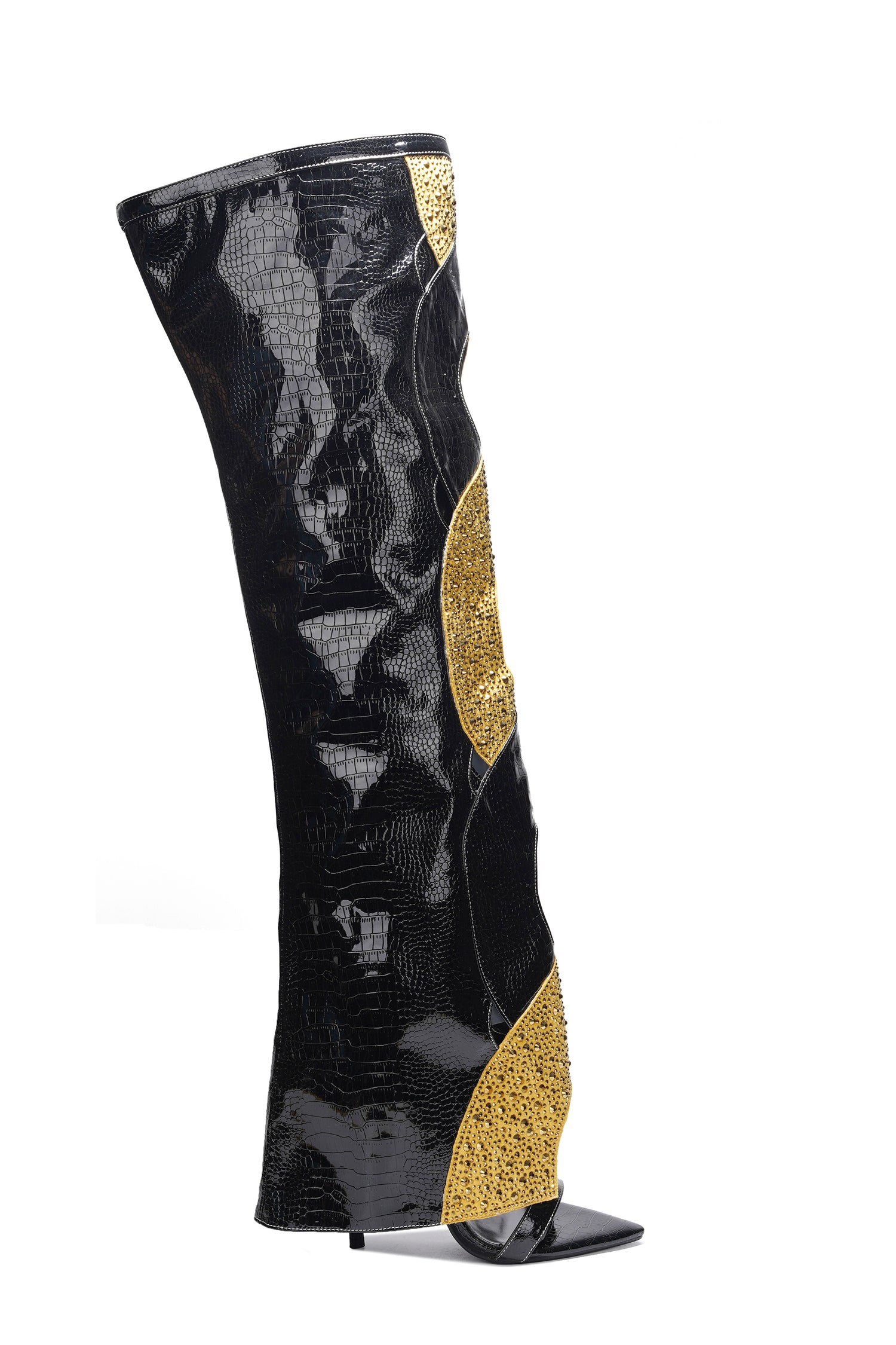 Totoga Embellished Flame Cutout Thigh-High Boots - Black