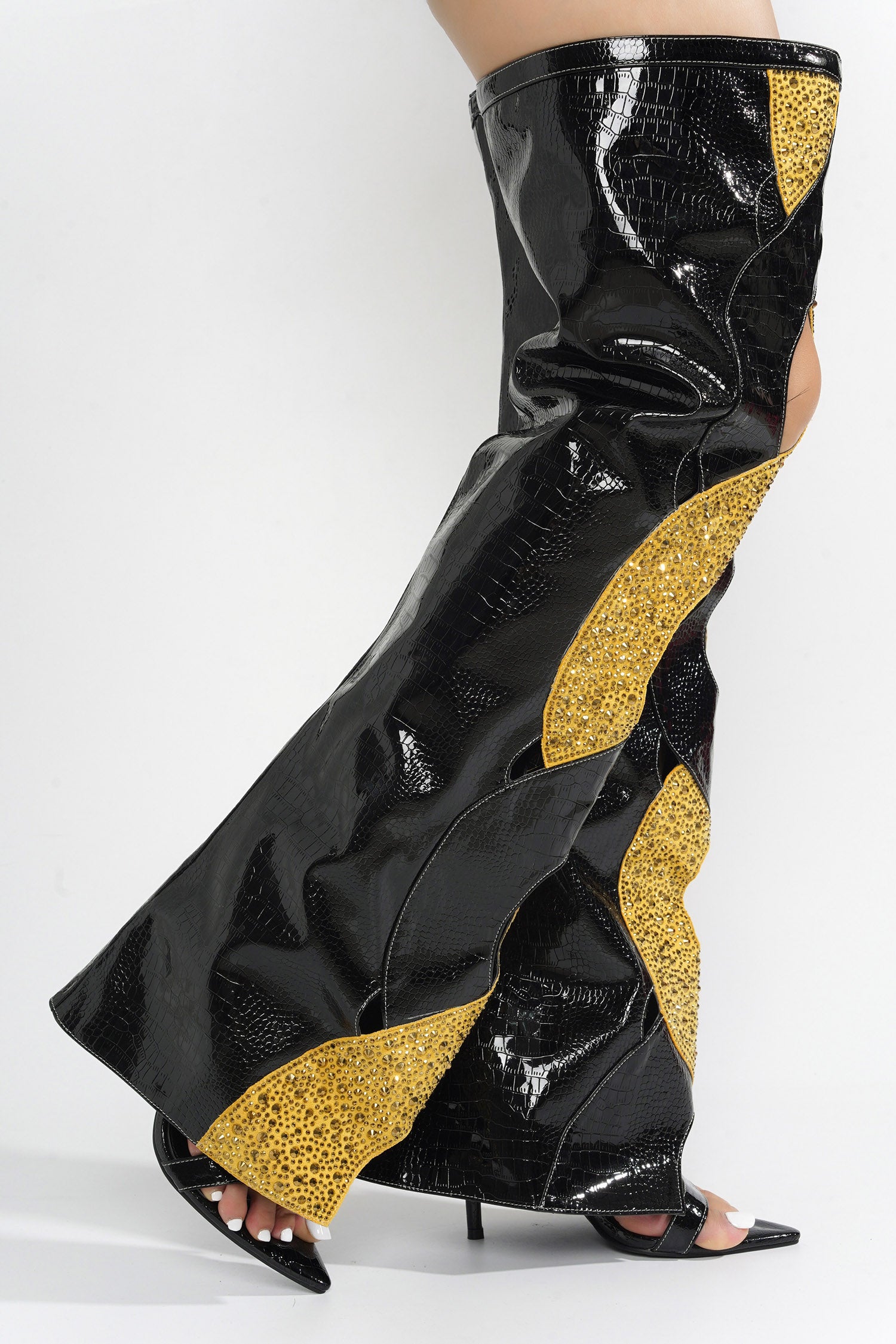 Totoga Embellished Flame Cutout Thigh-High Boots - Black