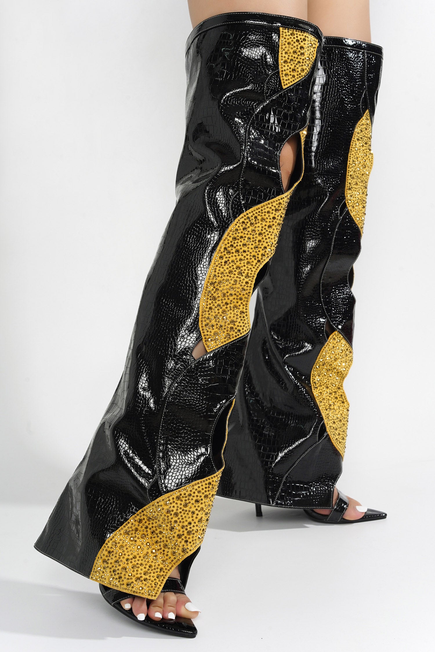 Totoga Embellished Flame Cutout Thigh-High Boots - Black