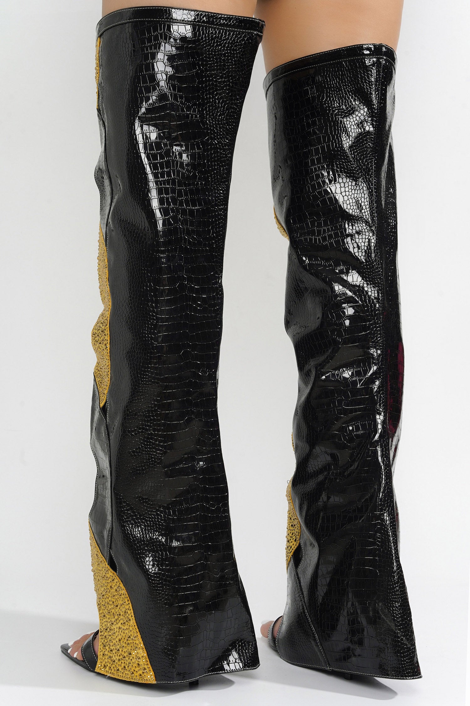 Totoga Embellished Flame Cutout Thigh-High Boots - Black