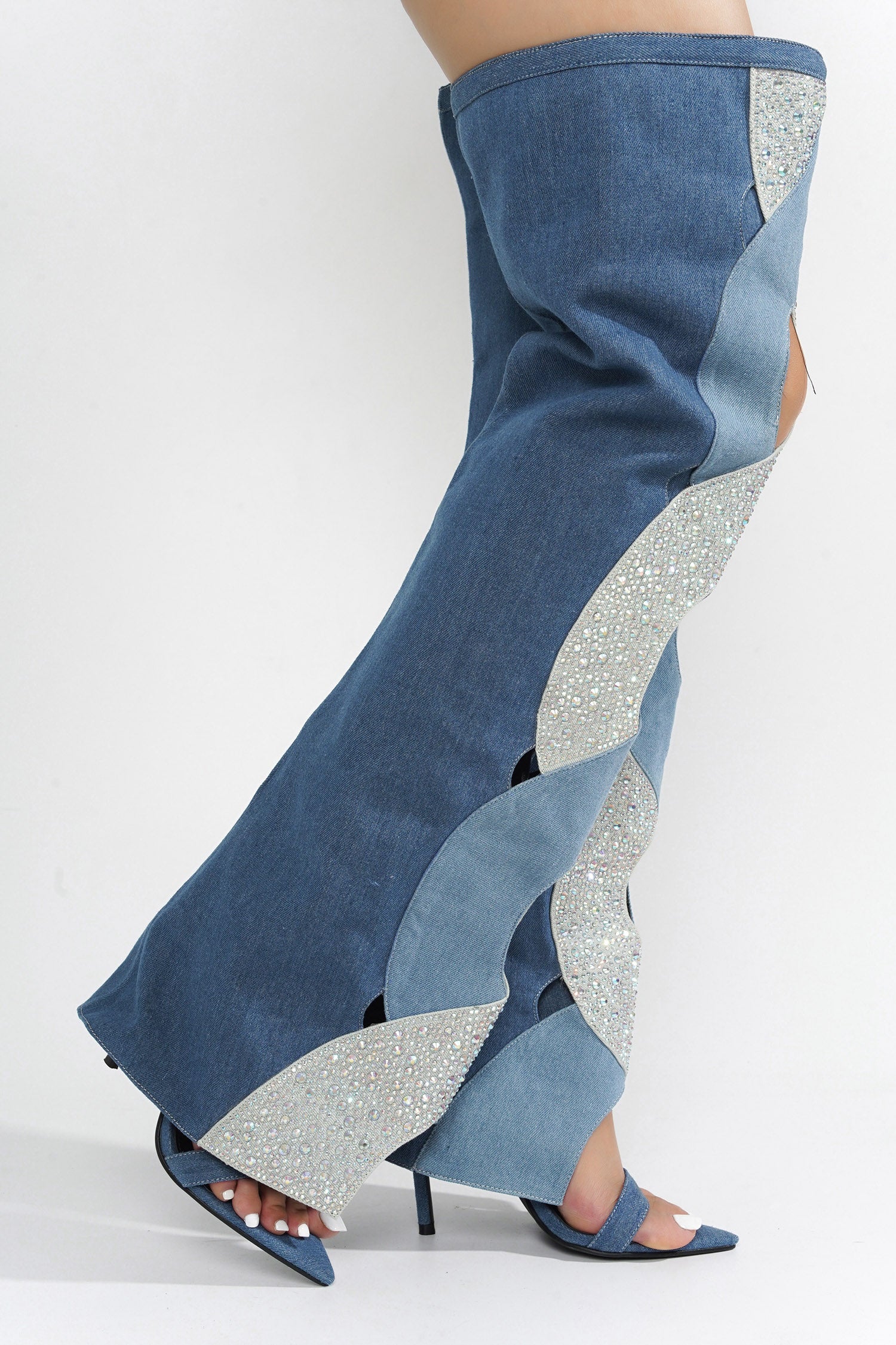 Totoga Rhinestone Thigh High Fold Over Boots - Denim