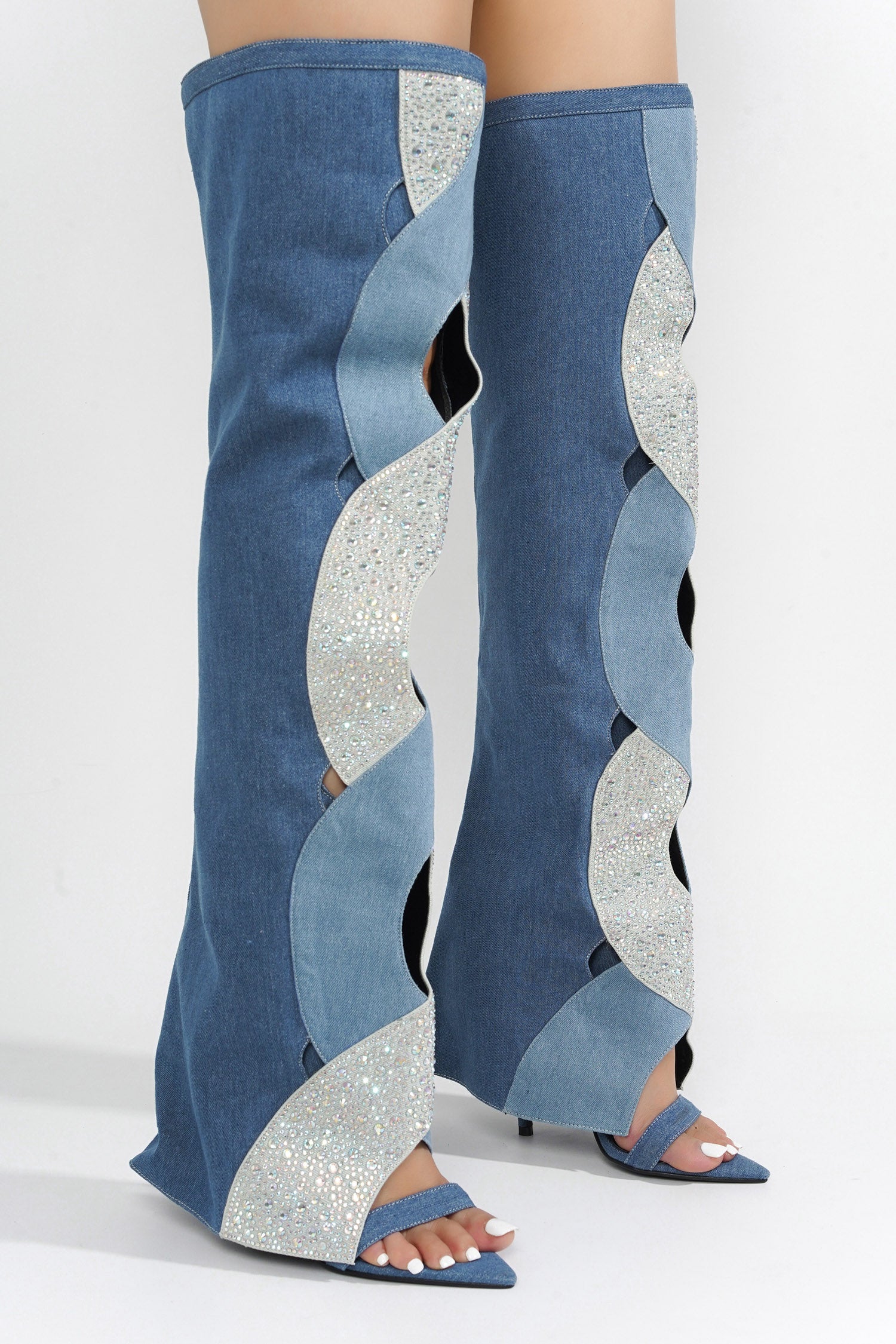 Totoga Rhinestone Thigh High Fold Over Boots - Denim