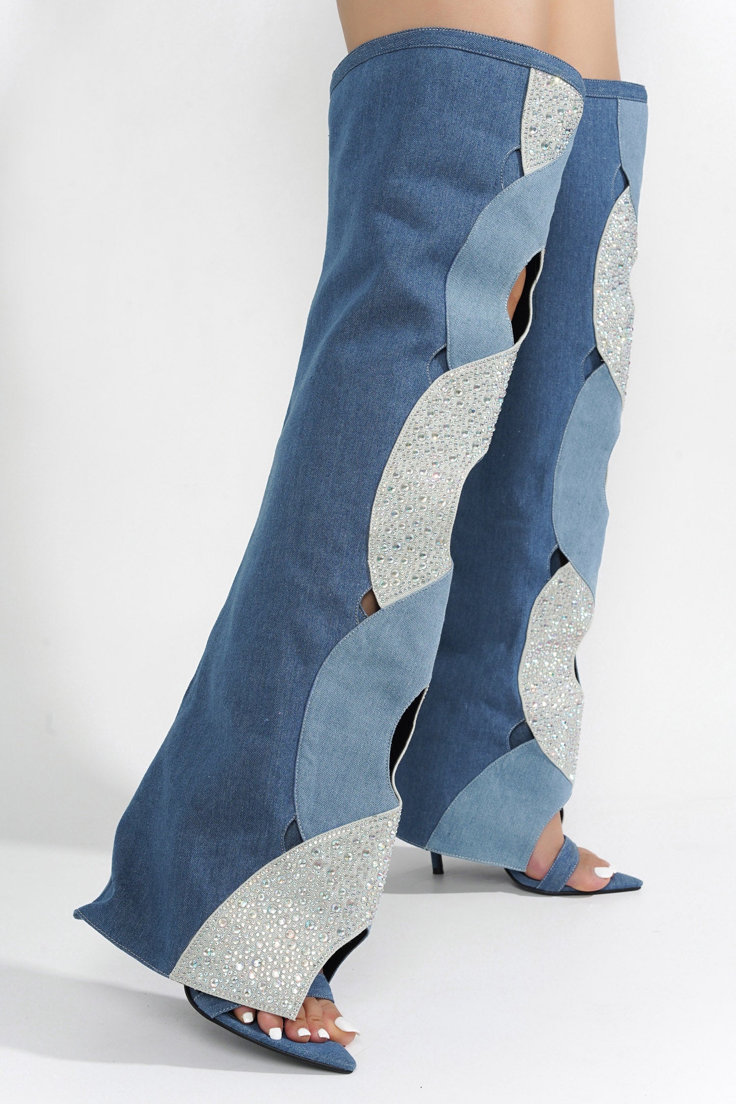 Totoga Rhinestone Thigh High Fold Over Boots - Denim