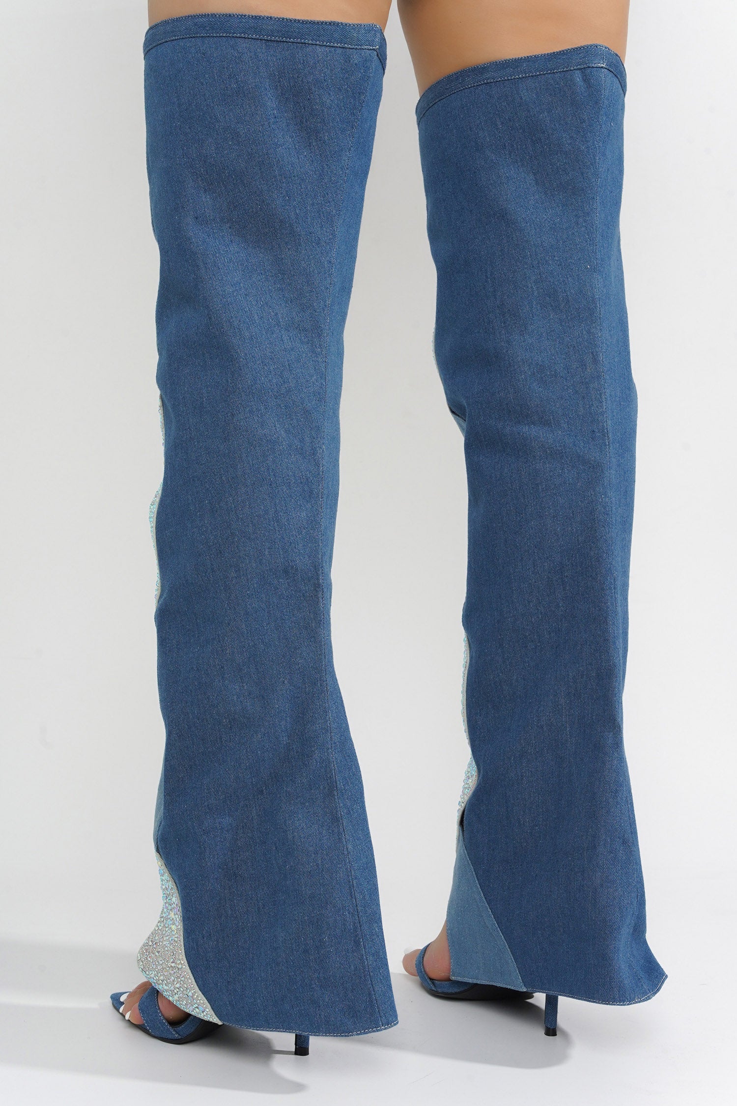 Totoga Rhinestone Thigh High Fold Over Boots - Denim