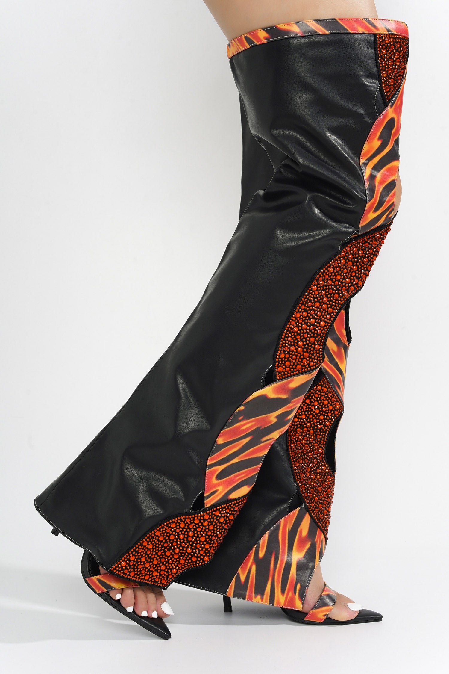 Totoga Embellished Flame Cutout Thigh-High Boots - Red