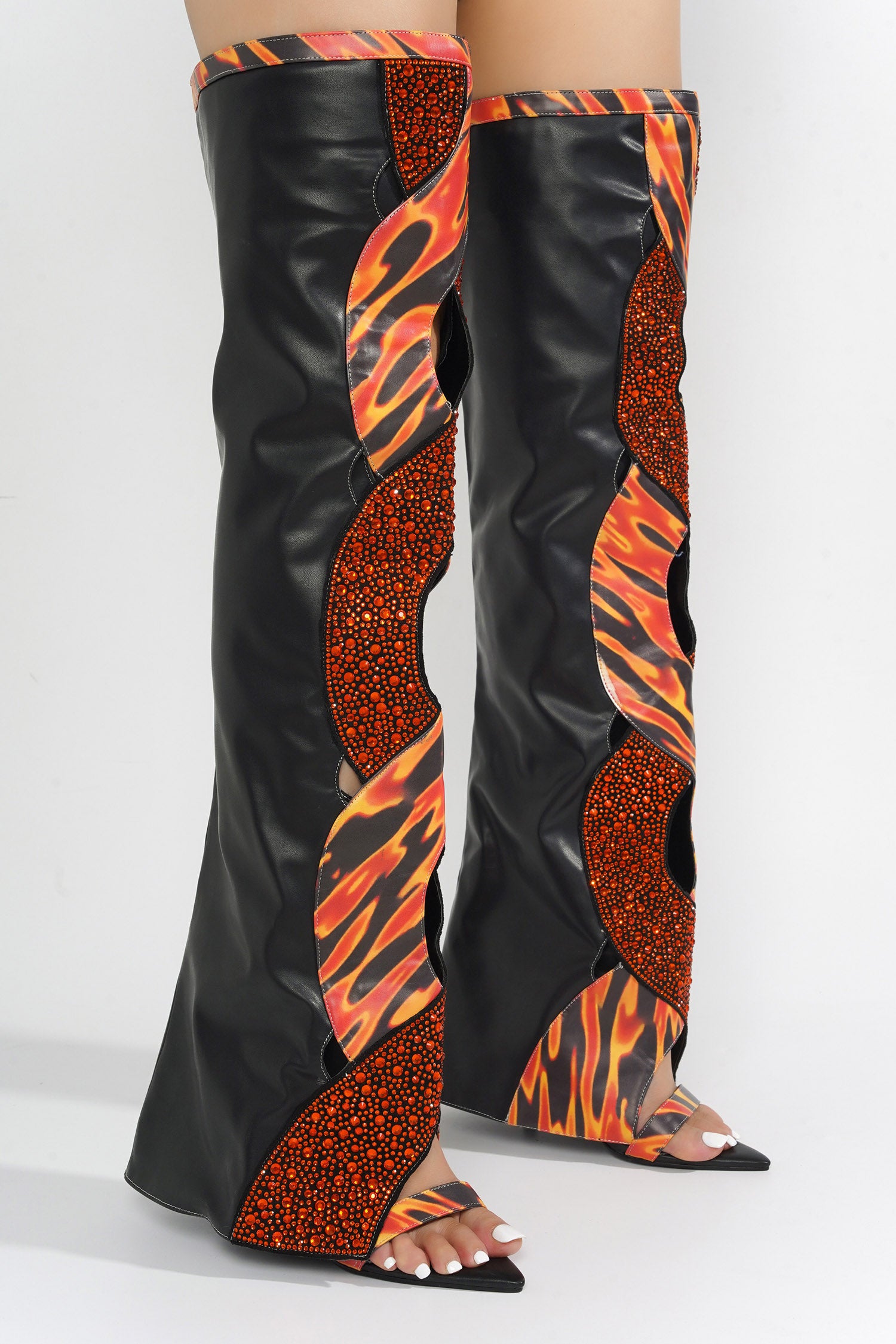 Totoga Embellished Flame Cutout Thigh-High Boots - Red