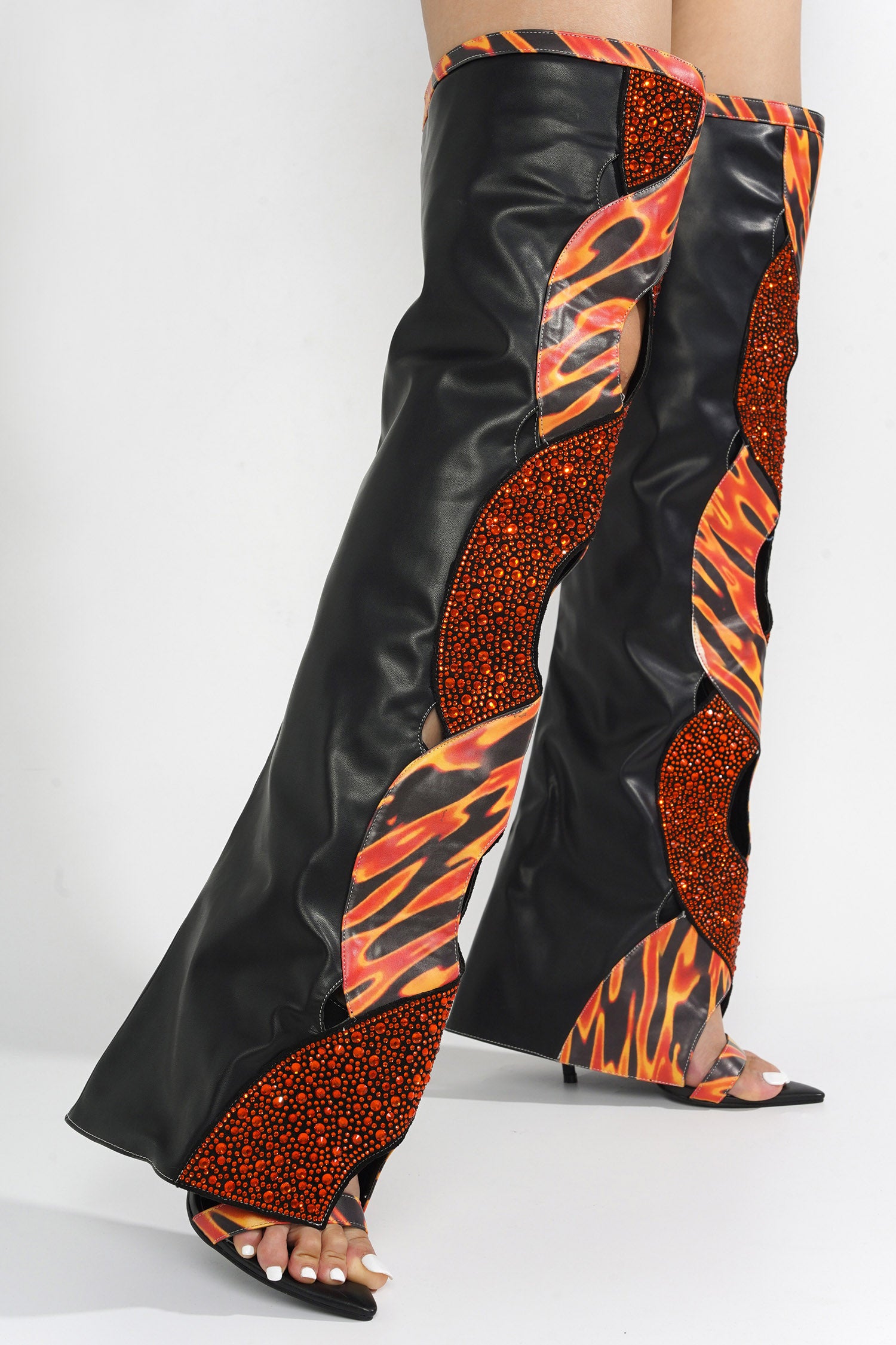 Totoga Embellished Flame Cutout Thigh-High Boots - Red