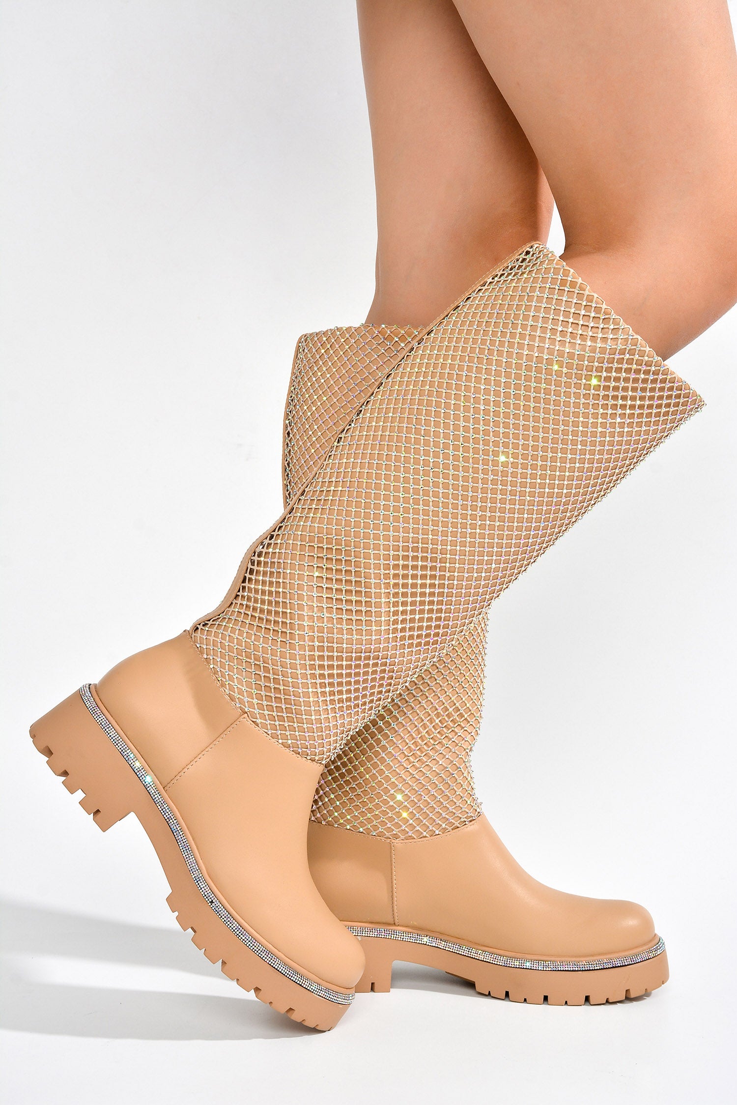 Uniya Knee High Rhinestone Detailed Boots - Nude