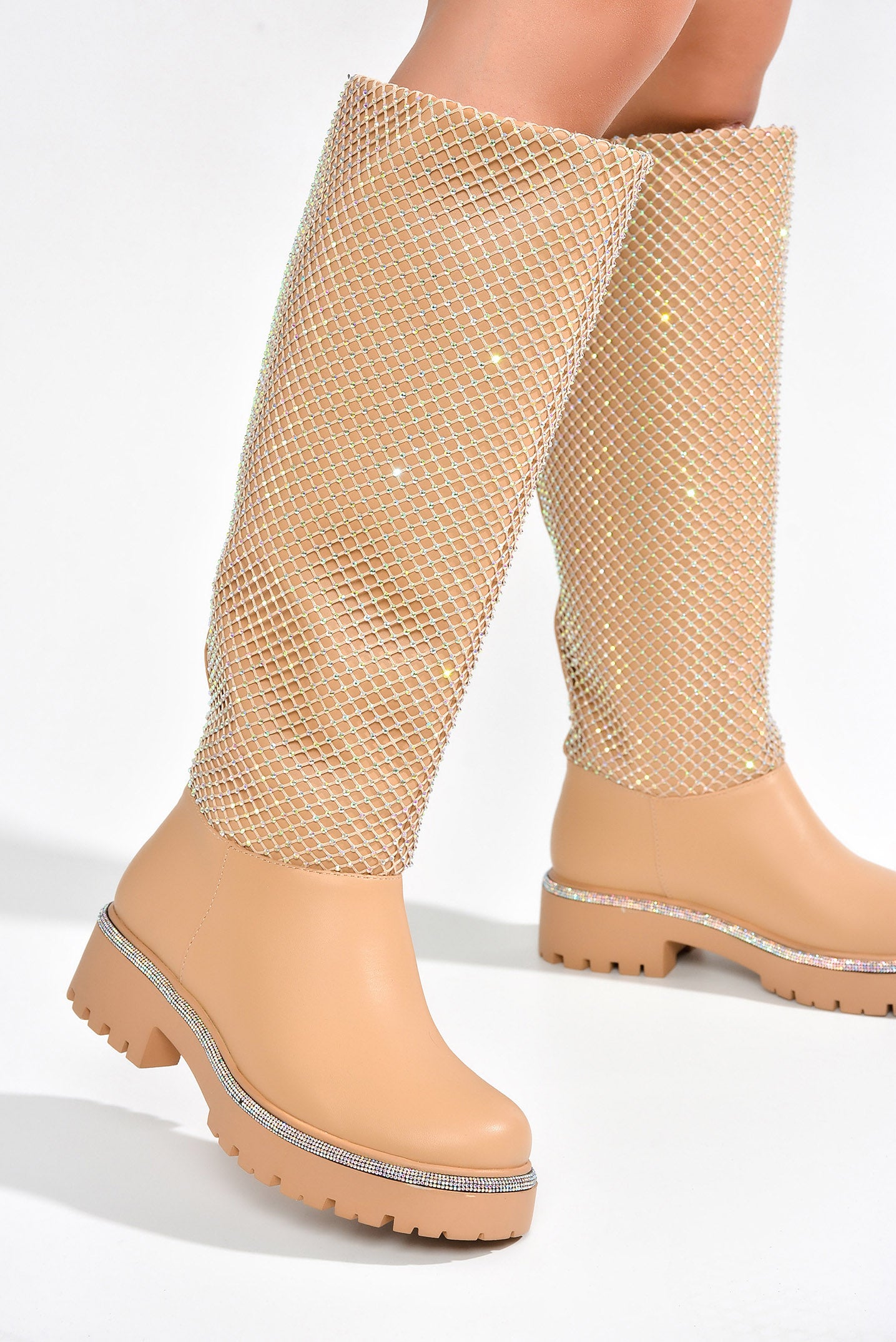 Uniya Knee High Rhinestone Detailed Boots - Nude