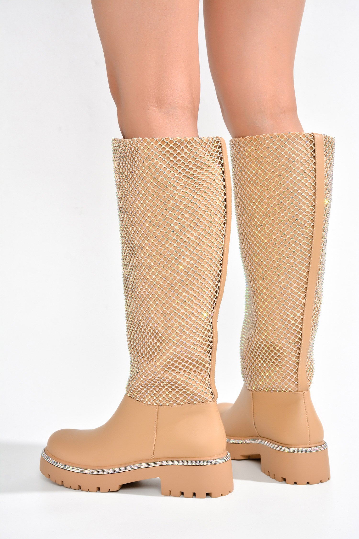 Uniya Knee High Rhinestone Detailed Boots - Nude