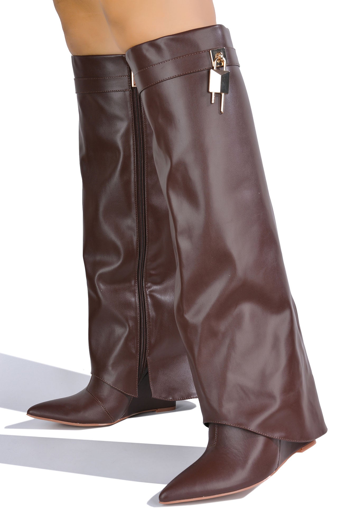 Valeri-3 Pointed Toe Fold Over Knee High Boots - Brown - Cape Robbin