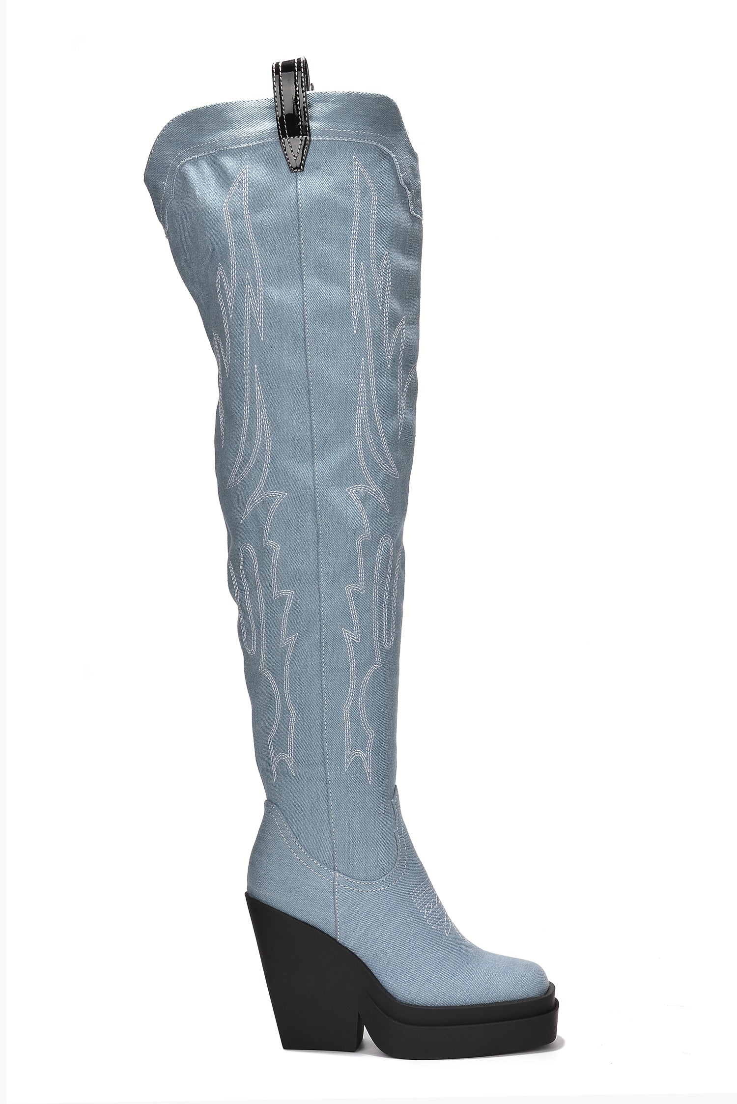 Vientiane Western Platform Knee-High Boot - Denim