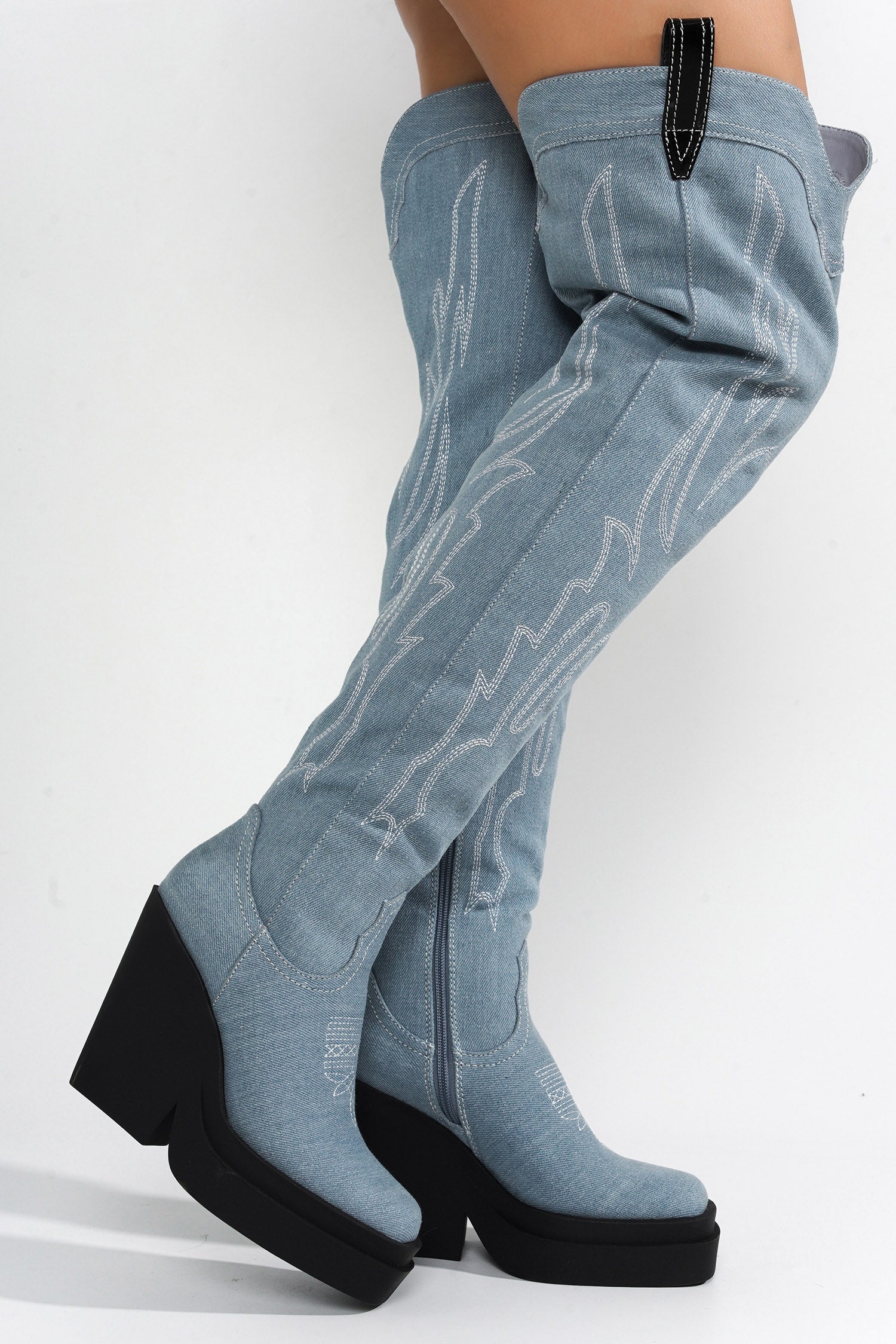 Vientiane Western Platform Knee-High Boot - Denim