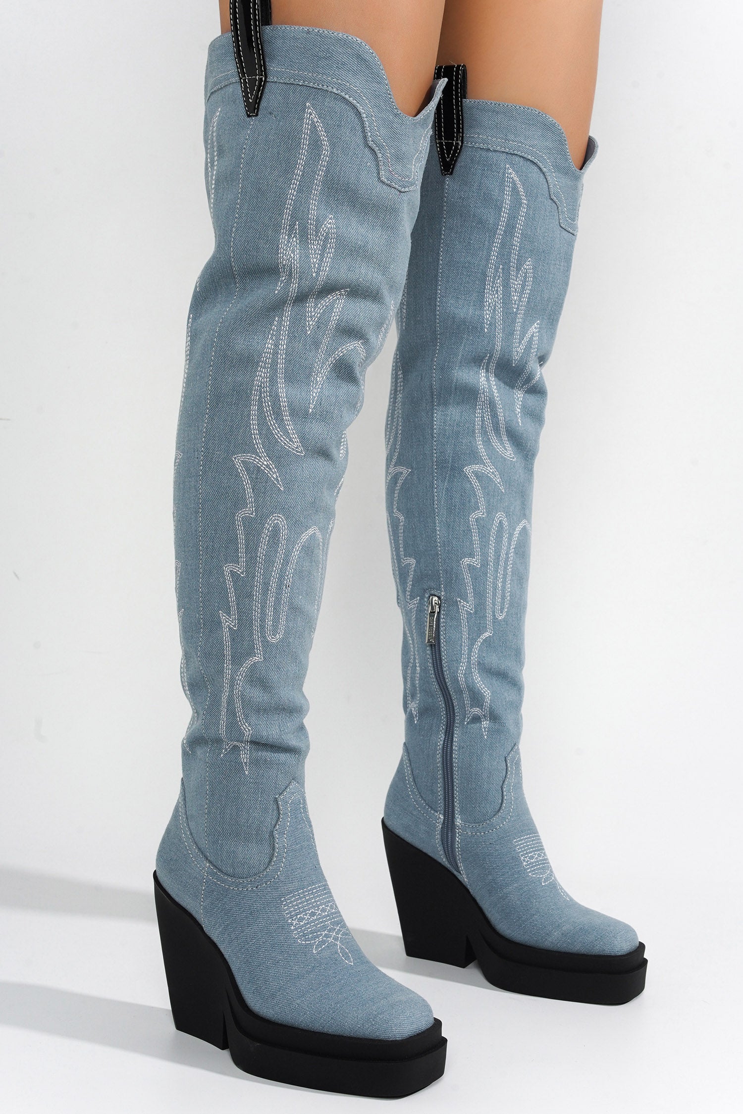 Vientiane Western Platform Knee-High Boot - Denim