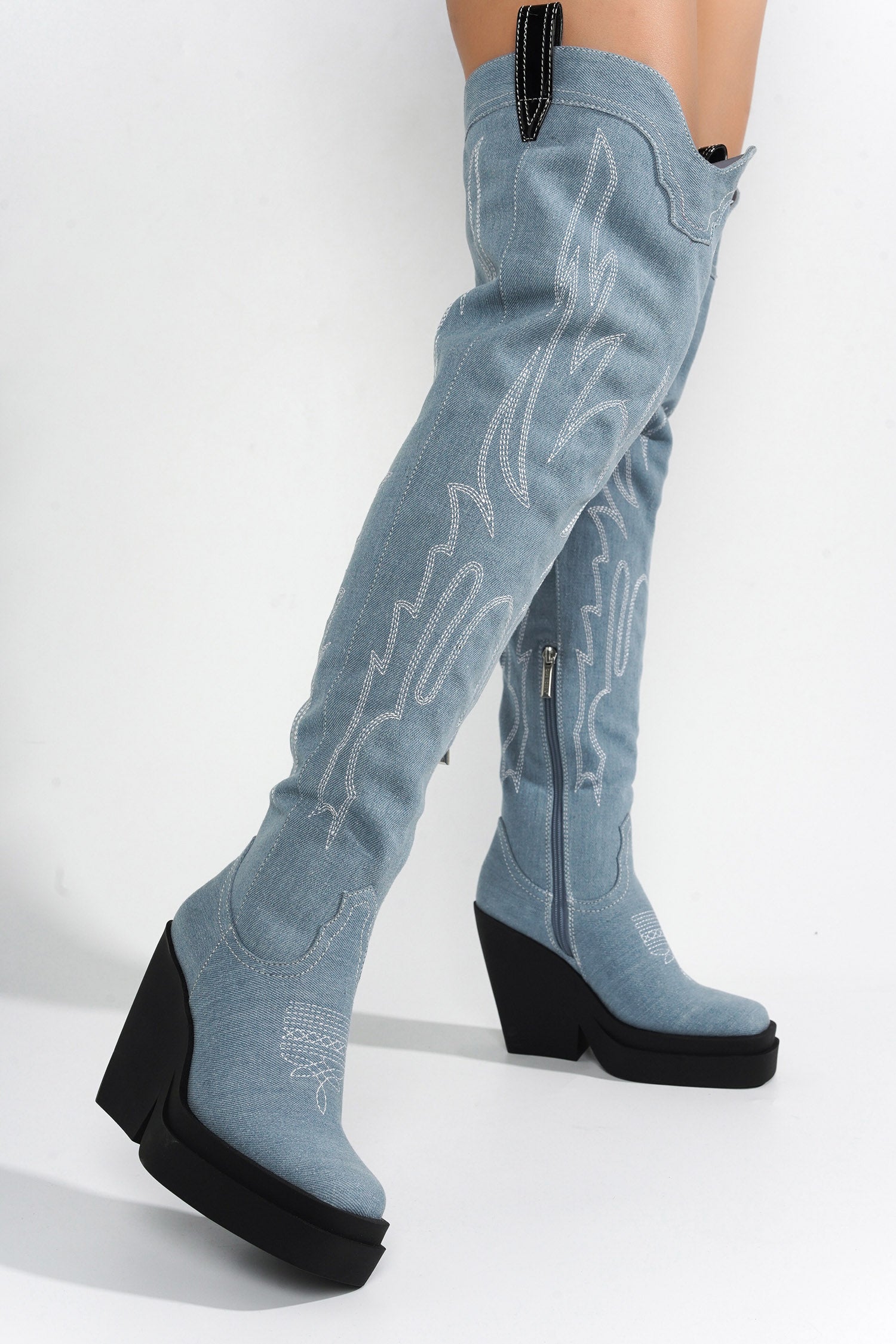 Vientiane Western Platform Knee-High Boot - Denim