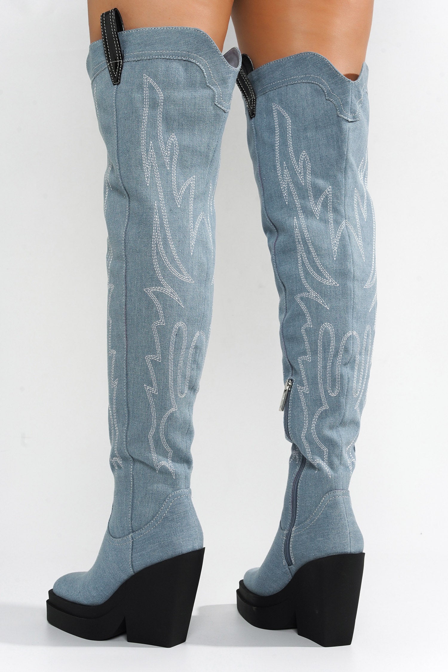 Vientiane Western Platform Knee-High Boot - Denim