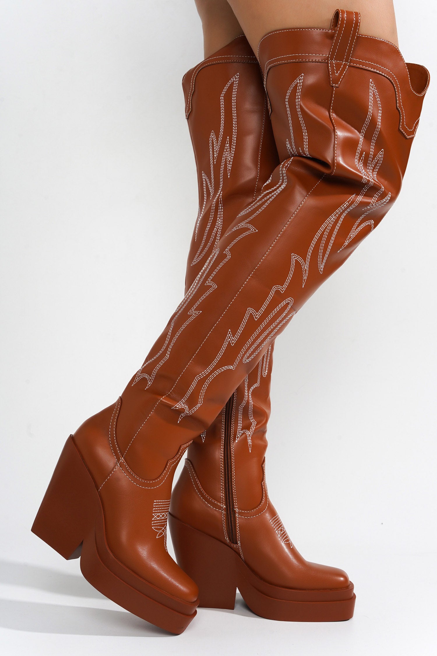 Vientiane Western Platform Knee-High Boot - Tan