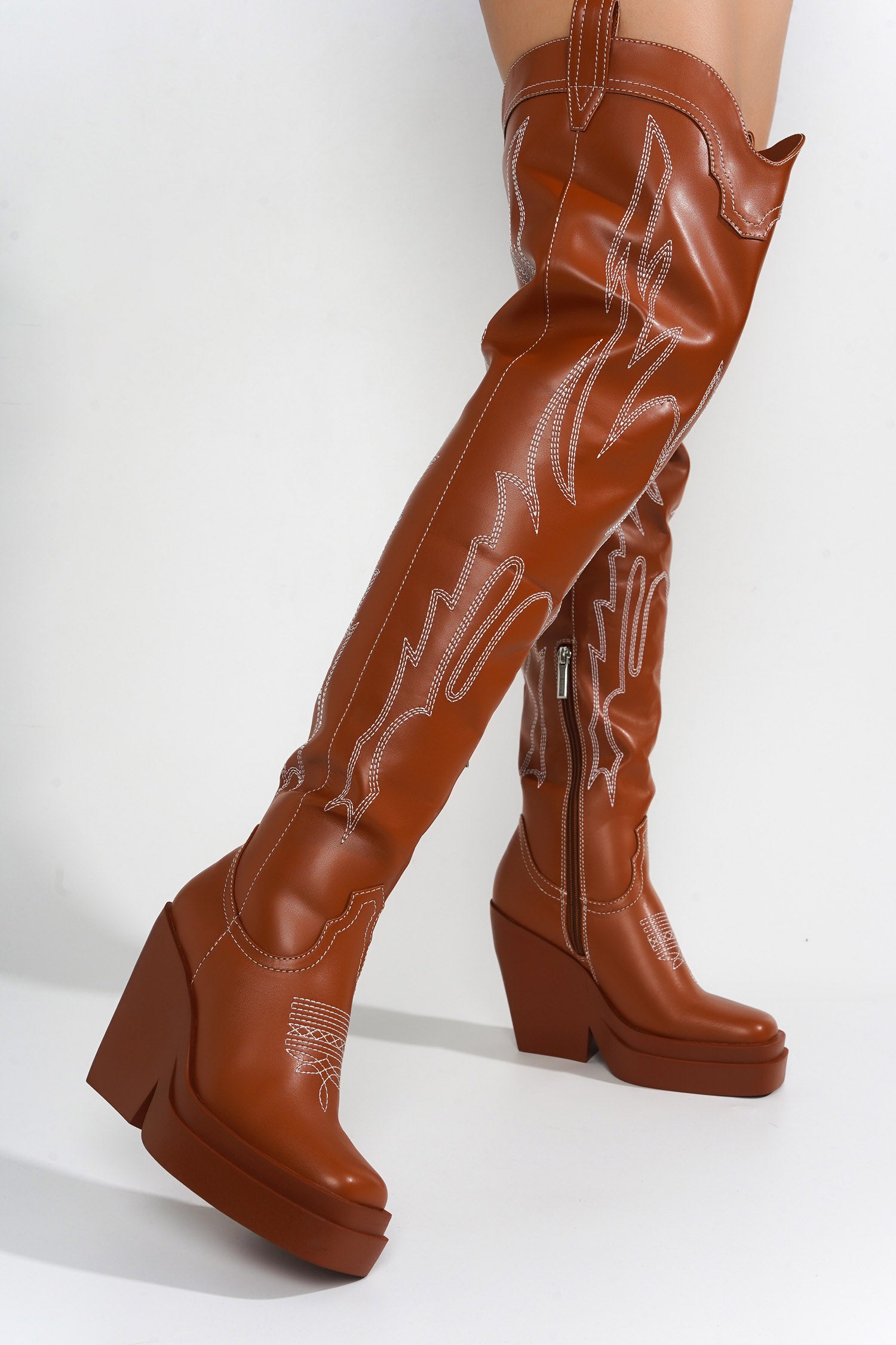 Vientiane Western Platform Knee-High Boot - Tan