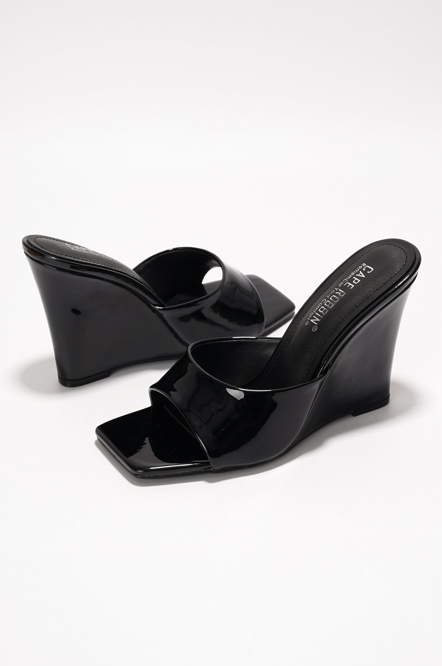 Willamina Metallic Wedge Heel Sandals - Square Toe Slip On Sandals - Black - Cape Robbin