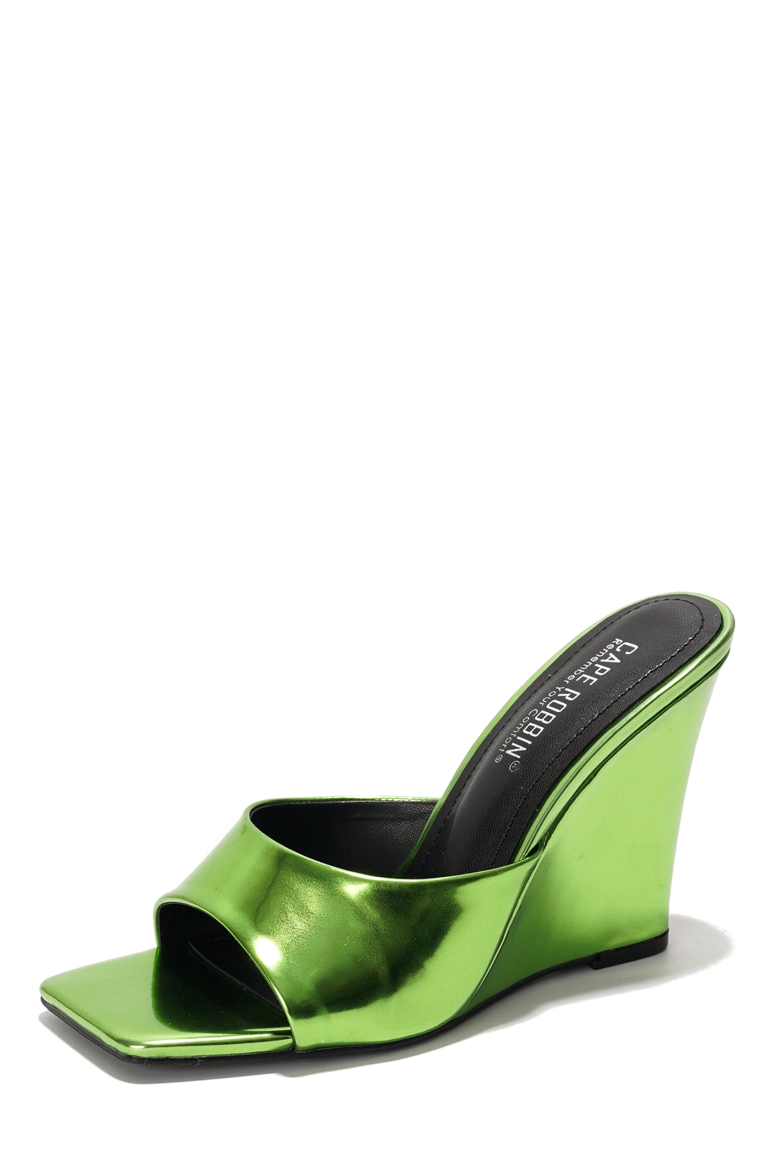 Willamina Metallic Wedge Heel Sandals - Square Toe Slip On Sandals - Green - Cape Robbin