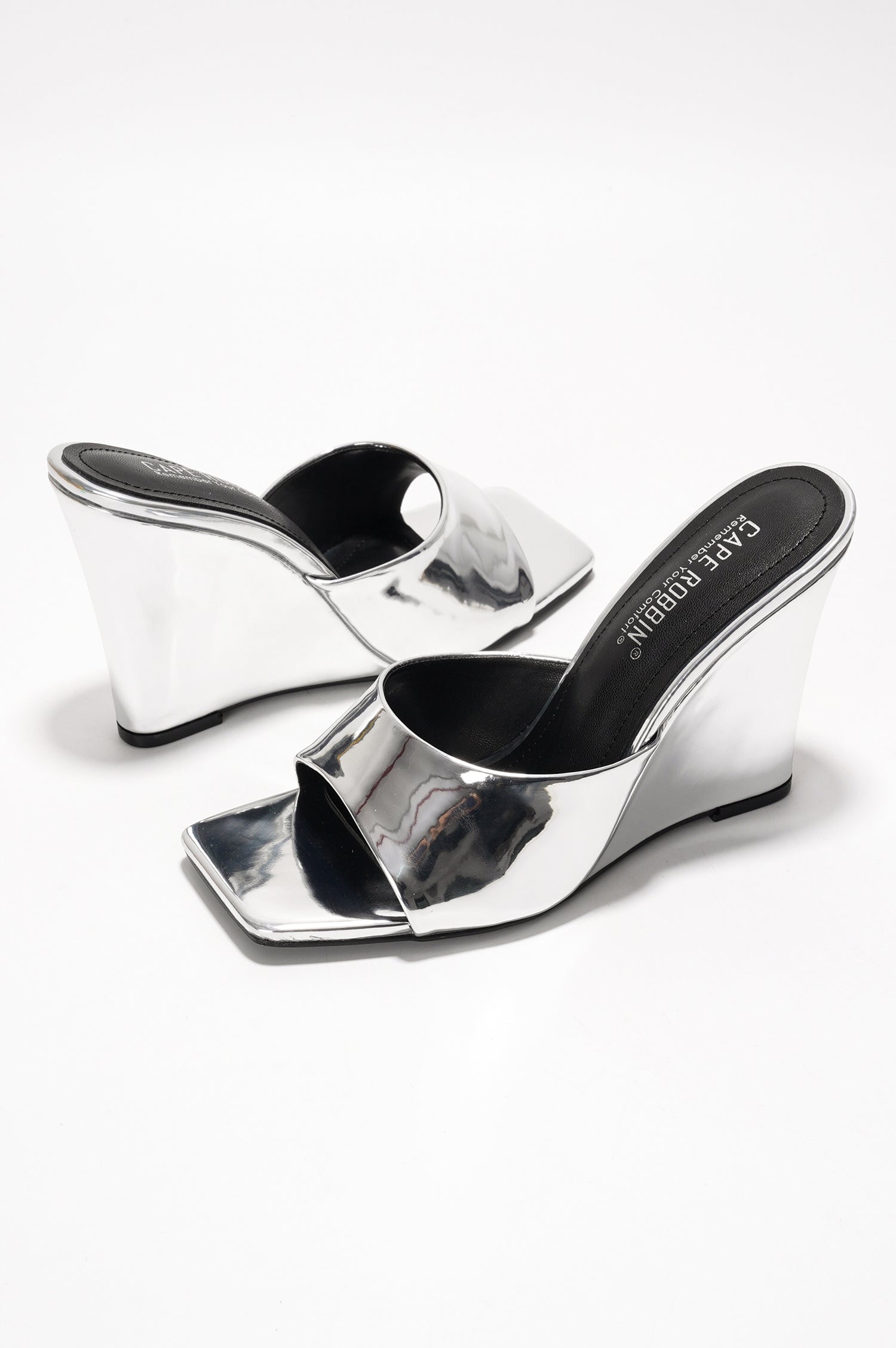 Willamina Metallic Wedge Heel Sandals - Square Toe Slip On Sandals - Silver - Cape Robbin
