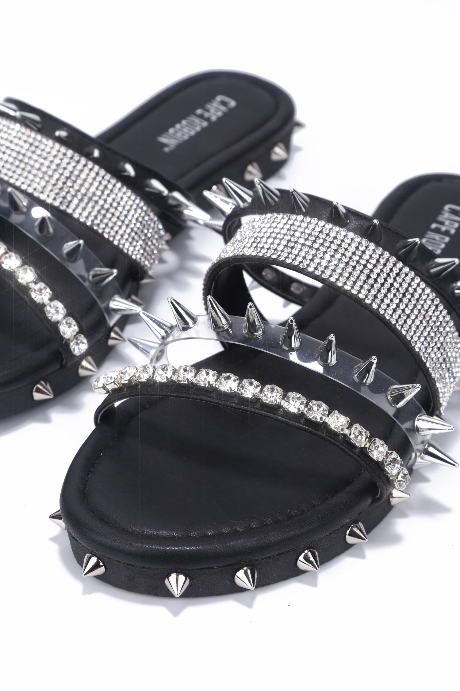 Xtreme Gold Spike Studded Slide Sandals - Open Toe Slip On Sandals - Black - Cape Robbin
