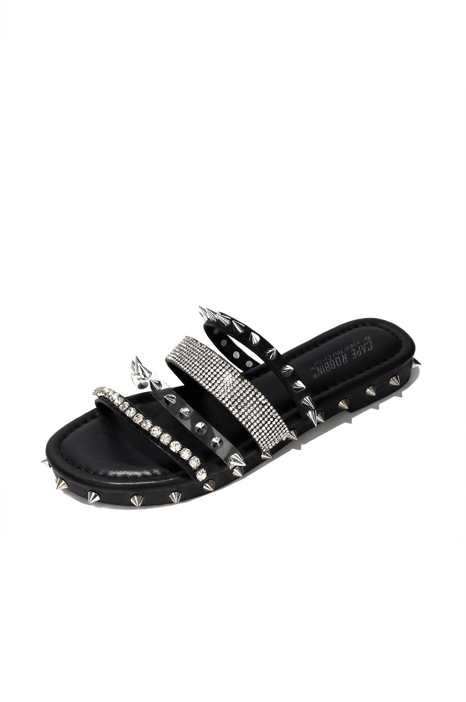 Xtreme Gold Spike Studded Slide Sandals - Open Toe Slip On Sandals - Black - Cape Robbin