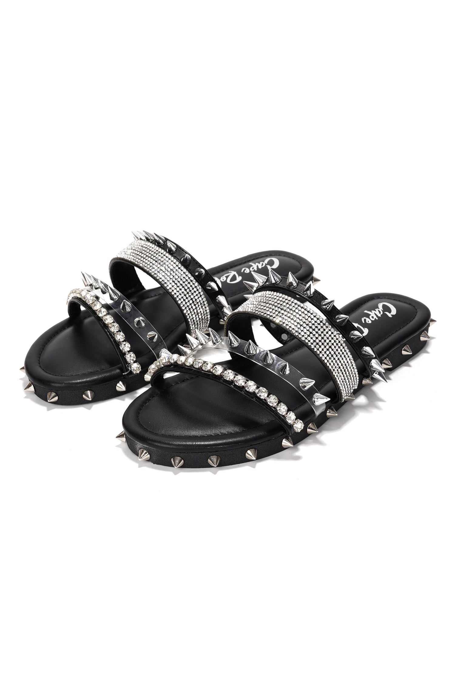 Xtreme Gold Spike Studded Slide Sandals - Open Toe Slip On Sandals - Black - Cape Robbin