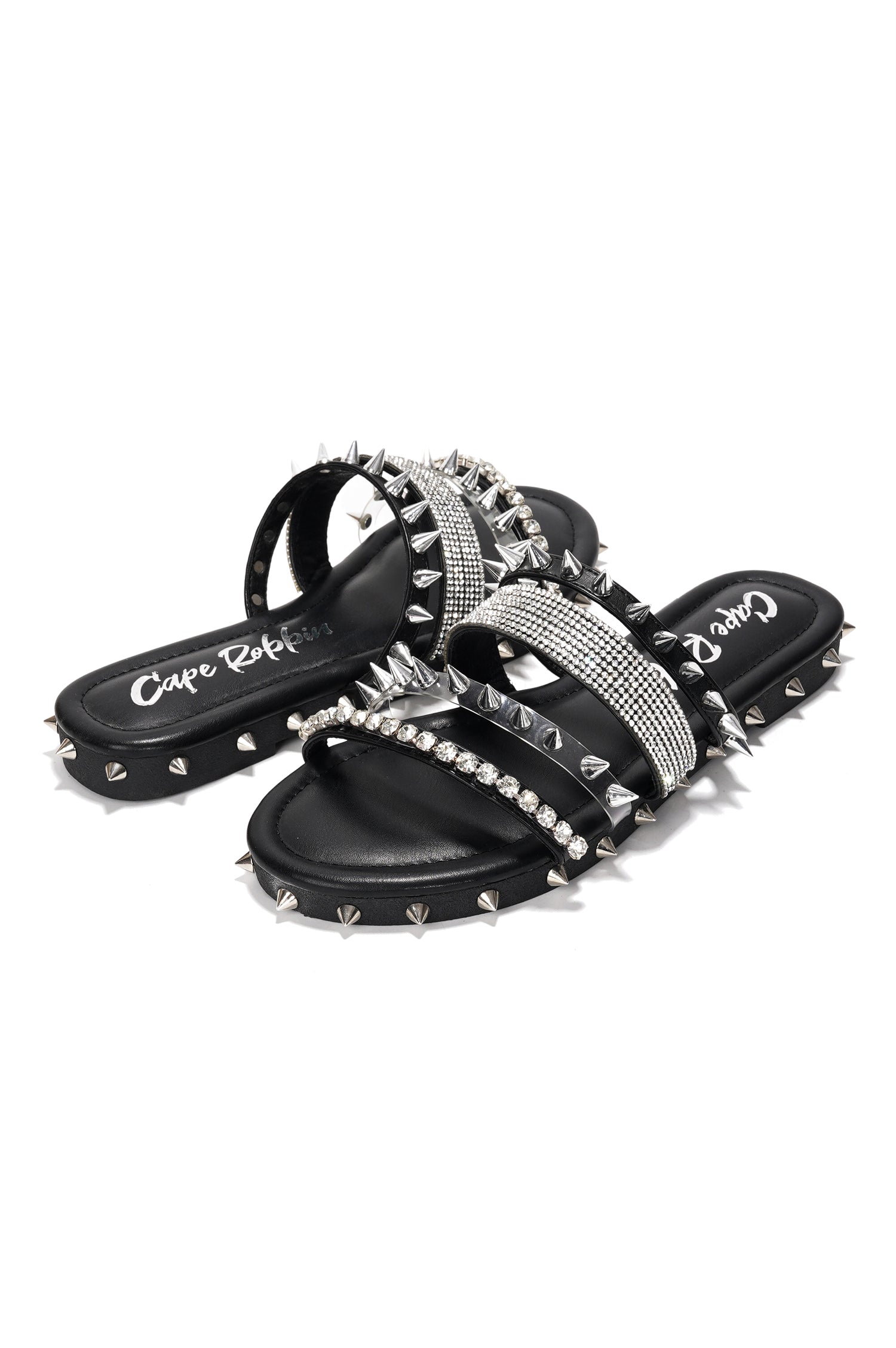 Xtreme Gold Spike Studded Slide Sandals - Open Toe Slip On Sandals - Black - Cape Robbin