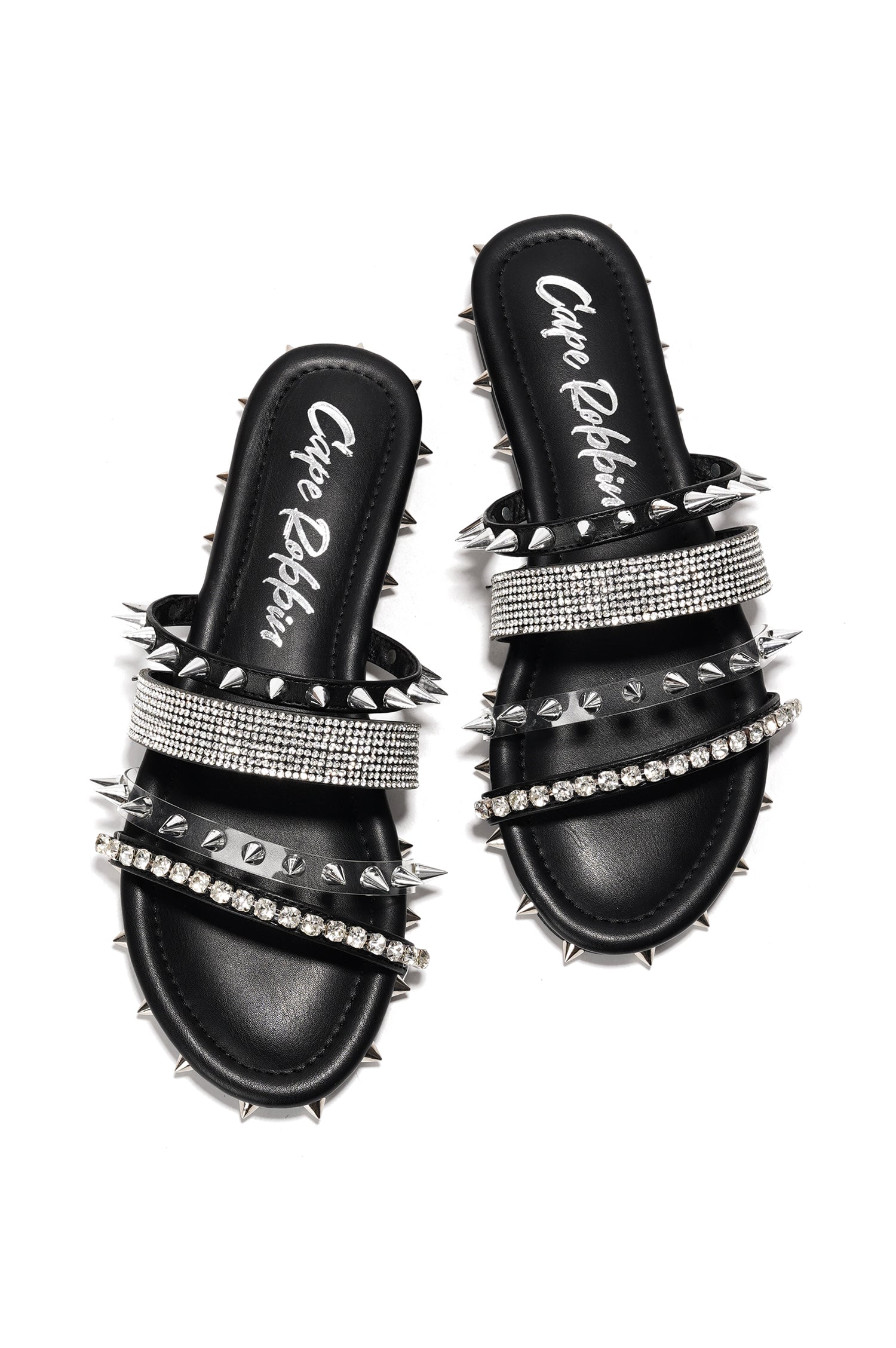 Xtreme Gold Spike Studded Slide Sandals - Open Toe Slip On Sandals - Black - Cape Robbin