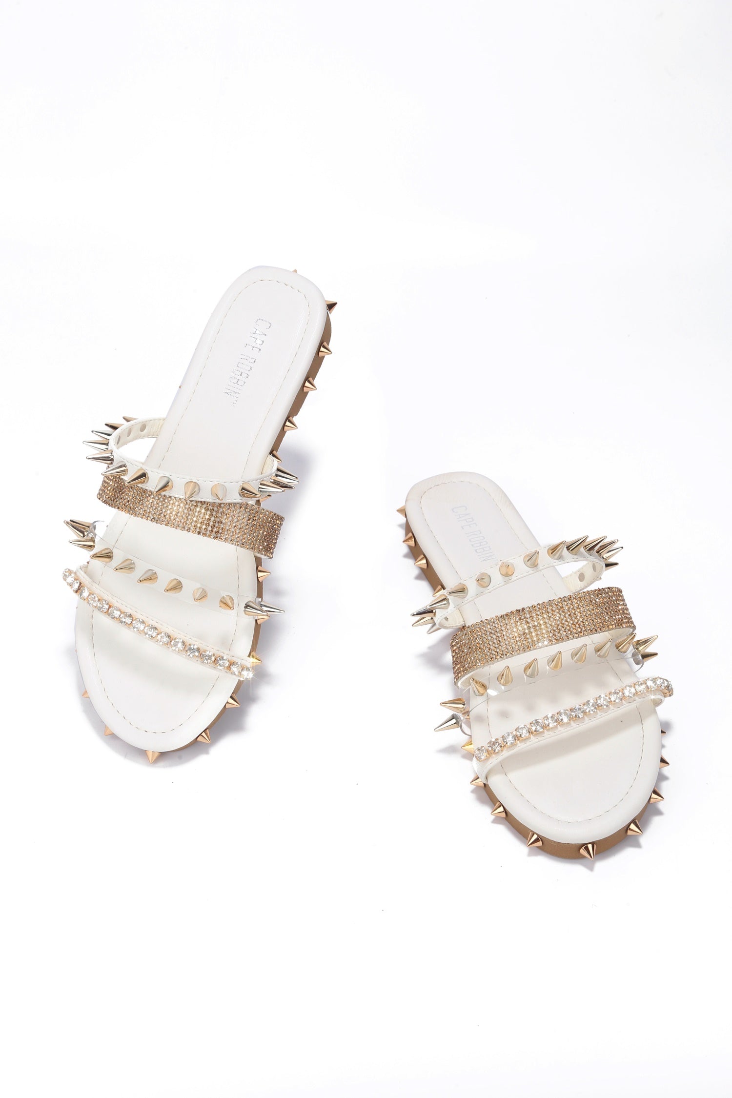 Xtreme Gold Spike Studded Slide Sandals - Open Toe Slip On Sandals - White - Cape Robbin