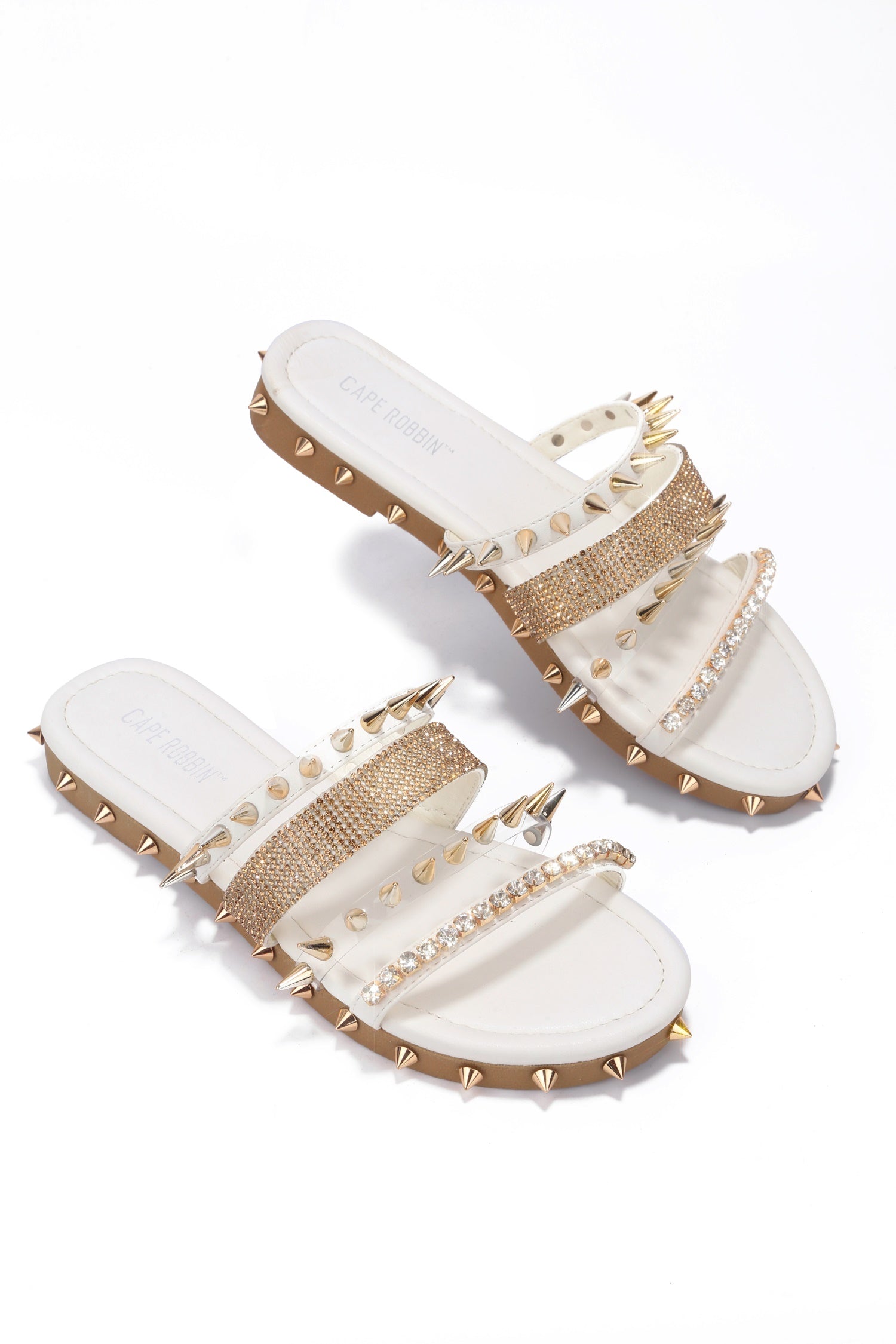 Xtreme Gold Spike Studded Slide Sandals - Open Toe Slip On Sandals - White - Cape Robbin