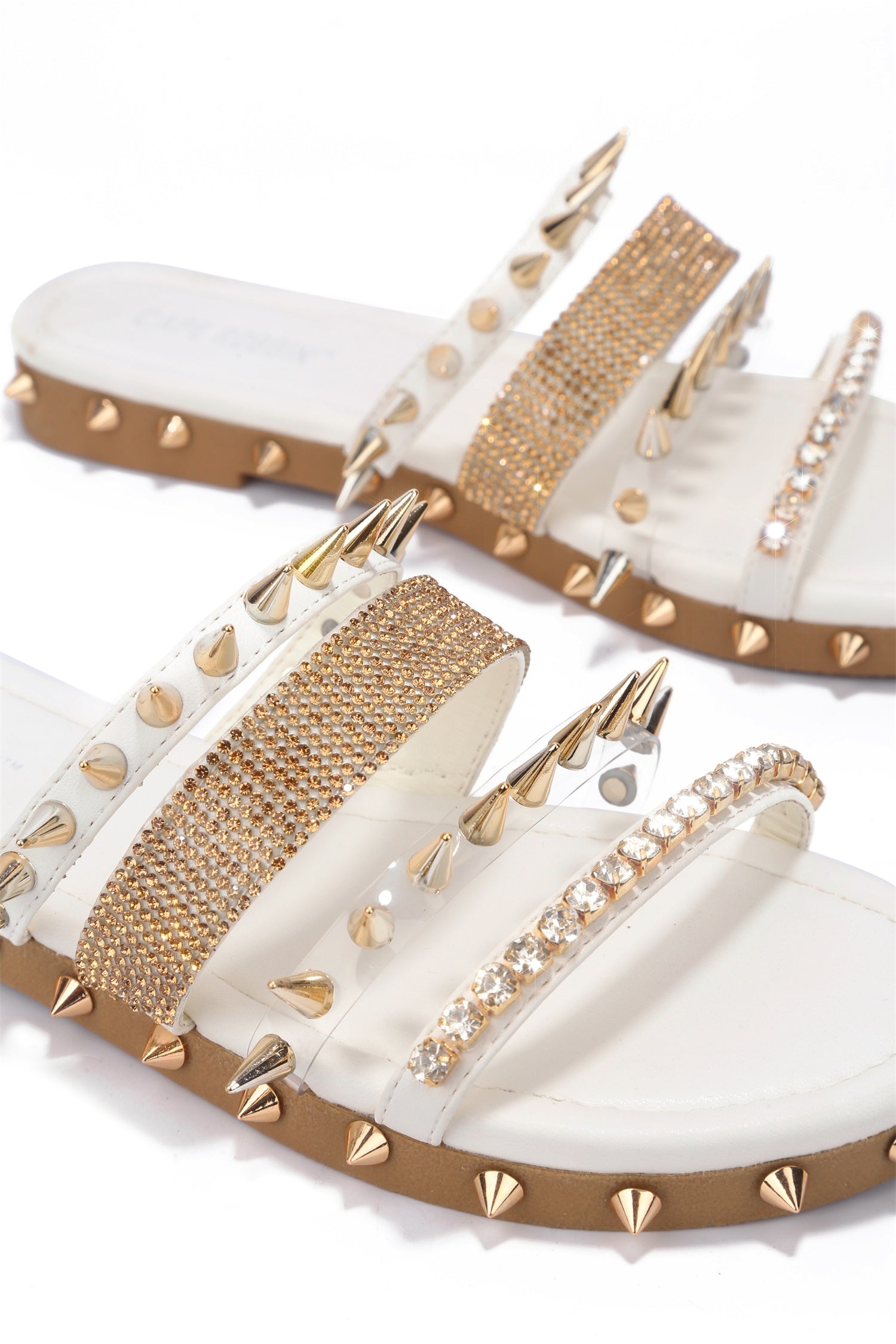 Xtreme Gold Spike Studded Slide Sandals - Open Toe Slip On Sandals - White - Cape Robbin