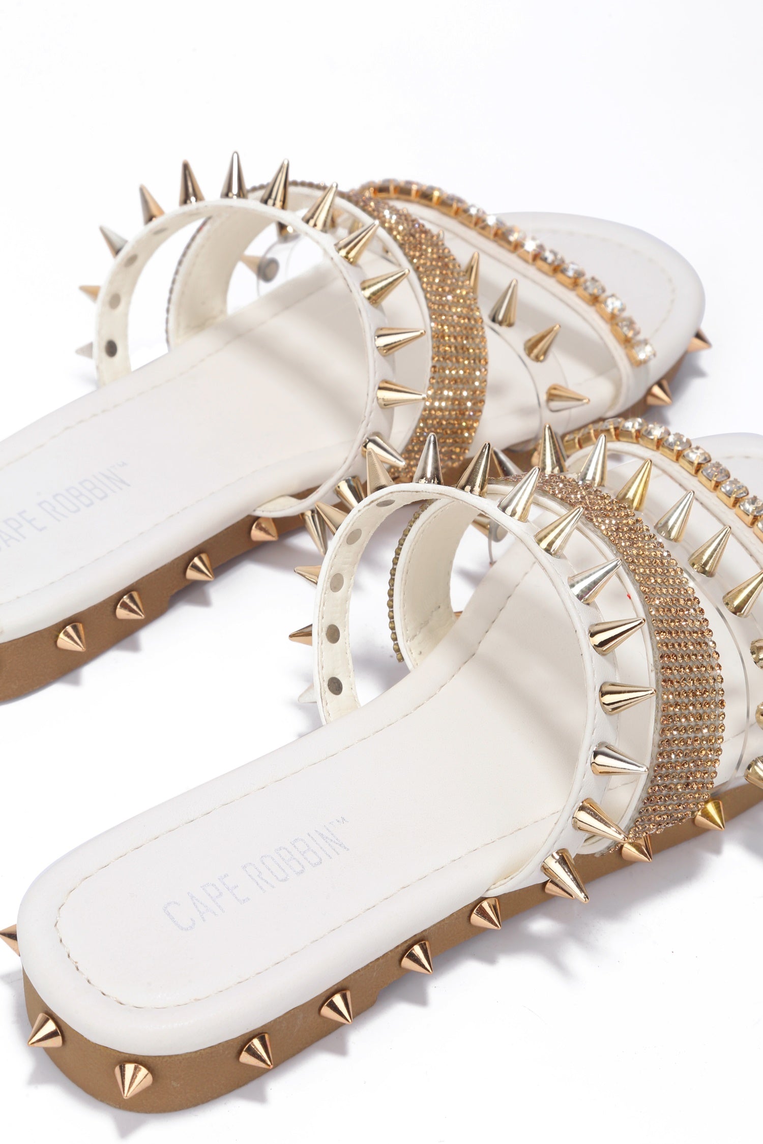 Xtreme Gold Spike Studded Slide Sandals - Open Toe Slip On Sandals - White - Cape Robbin
